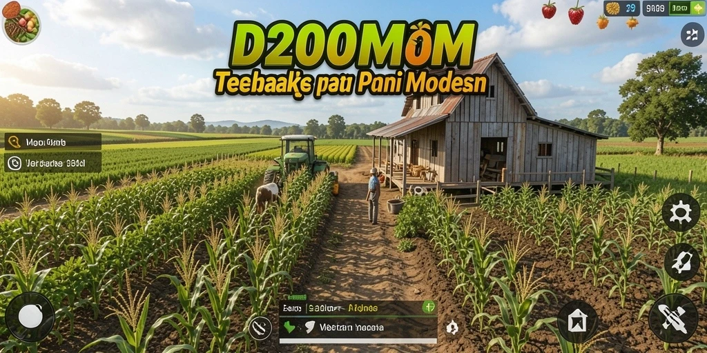 Tampilan gameplay D200M dengan kebun yang indah dan hewan ternak.