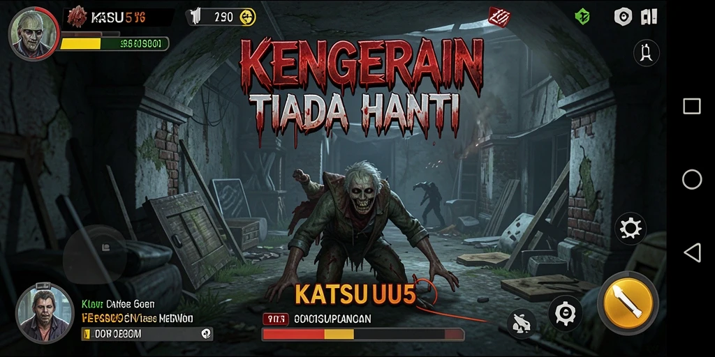 Screenshot KATSU5 menampilkan suasana menyeramkan dengan karakter hantu.