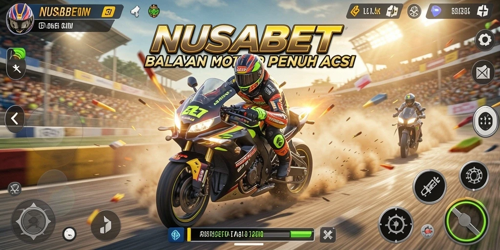 Screenshot menunjukkan pemain balapan dengan motor di lintasan berkecepatan tinggi.