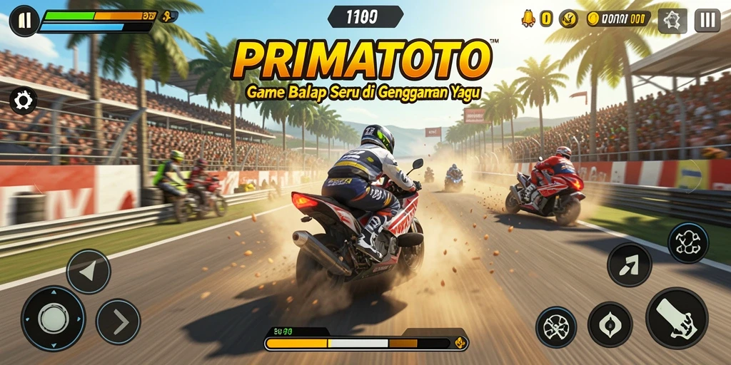 Tampilan gameplay PRIMATOTO yang penuh aksi dan balapan seru.
